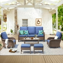 Unnifurnzi Outdoor Furniture-6 Pieces All Weather Wicker Patio Furniture Outdoor Swivel Chairs Set of 2 with Outdoor Couch Outdoor Patio Furniture Set for Porch Balcony Deck-Brown/Blue