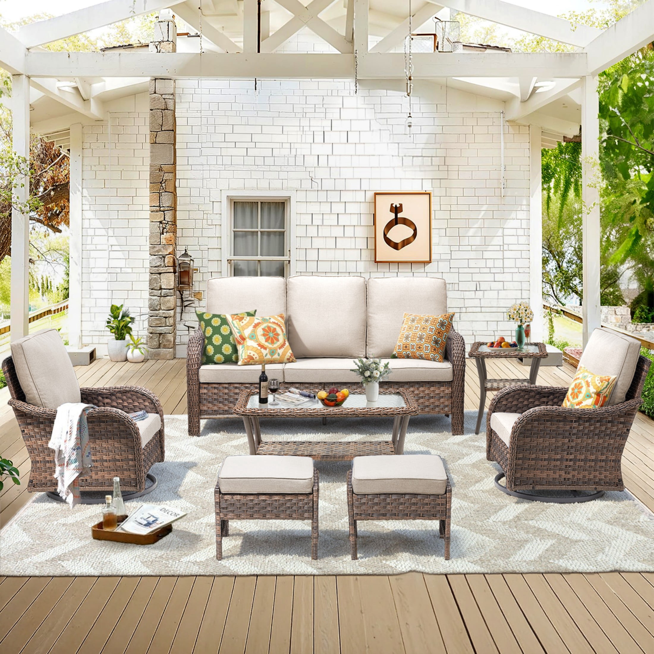 Unnifurnzi Outdoor Furniture-7 Pieces All Weather Wicker Patio Furniture Outdoor Swivel Chairs with Patio Couch Outdoor Patio Furniture Set for Porch Balcony Deck-Brown/Beige