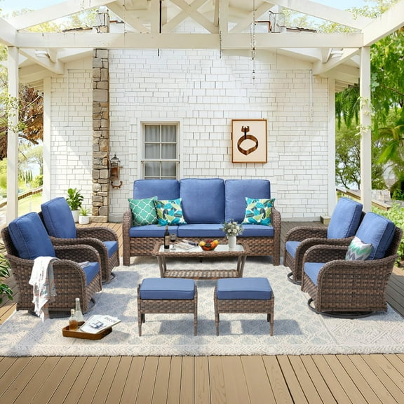 Unnifurnzi Outdoor Furniture-8 Pieces All Weather Wicker Patio Furniture Outdoor Swivel Chairs with Outdoor Sofa Outdoor Patio Furniture Set for Porch Balcony Deck-Brown/Blue