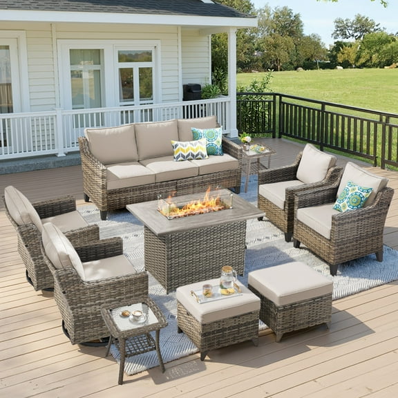 Unnifurnzi Outdoor Furniture with Fire Pit-10 Pieces All Weather Wicker Patio Furniture Outdoor Swivel Chairs with Outdoor Couch Outdoor Furniture for Porch Balcony Deck-Gray/Beige
