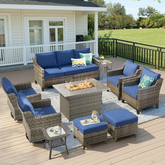 Unnifurnzi Outdoor Furniture with Fire Pit-10 Pieces All Weather Wicker Patio Furniture Outdoor Swivel Chairs with Outdoor Couch Outdoor Furniture for Porch Balcony Deck-Gray/Blue