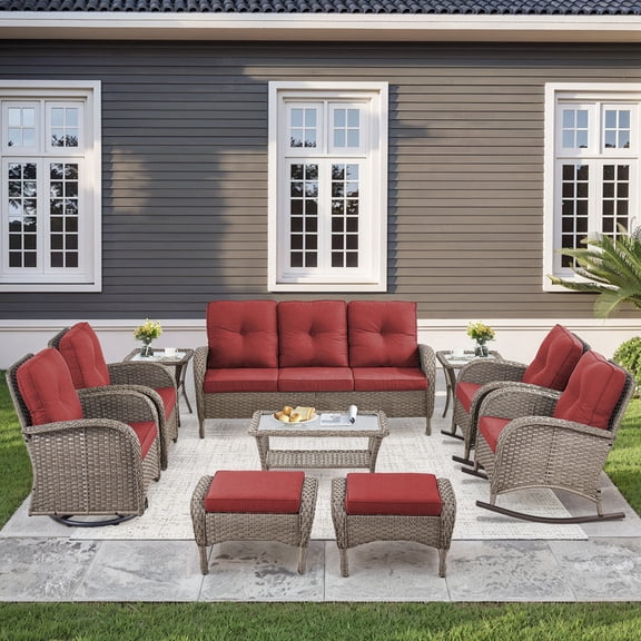 Unnifurnzi Outdoor Furniture With Fire Pit-10 Pieces Wicker Patio Conversation Set Outdoor Rocking Swivel Glider Chair with Patio Couch Patio Furniture for Deck Porch Garden Poolside-Gray/Red