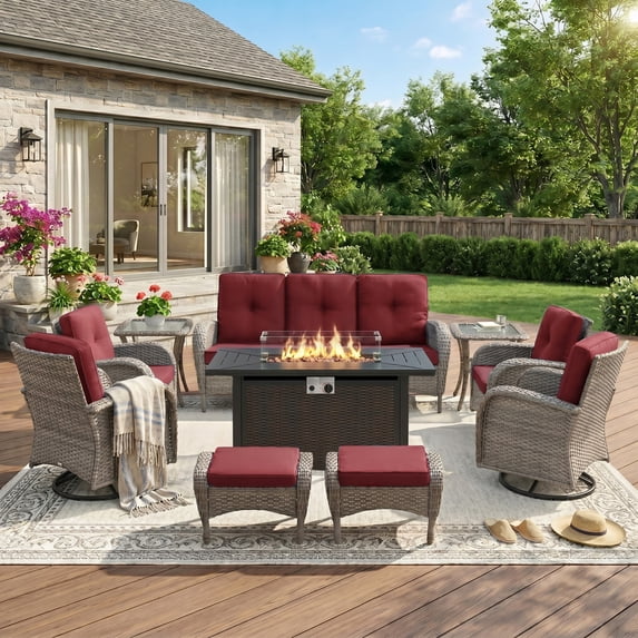 Unnifurnzi Outdoor Furniture With Fire Pit-10 Pieces Wicker Patio Conversation Set Outdoor Rocking Swivel Glider Chair with Patio Couch Patio Furniture for Deck Porch Garden Poolside-Gray/Red
