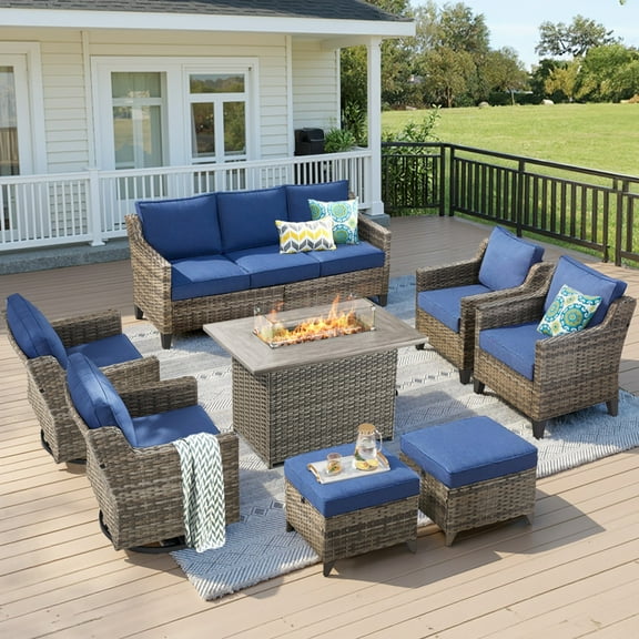 Unnifurnzi Outdoor Furniture with Fire Pit-8 Pieces All Weather Wicker Patio Furniture Outdoor Swivel Chairs with Outdoor Couch Outdoor Furniture for Porch Balcony Deck-Gray/Blue