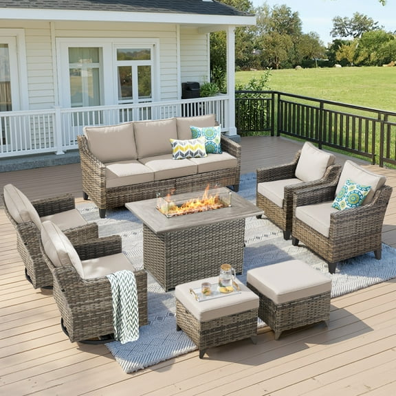 Unnifurnzi Outdoor Furniture with Fire Pit-8 Pieces All Weather Wicker Patio Furniture Outdoor Swivel Chairs with Outdoor Couch Outdoor Furniture for Porch Balcony Deck-Gray/Beige