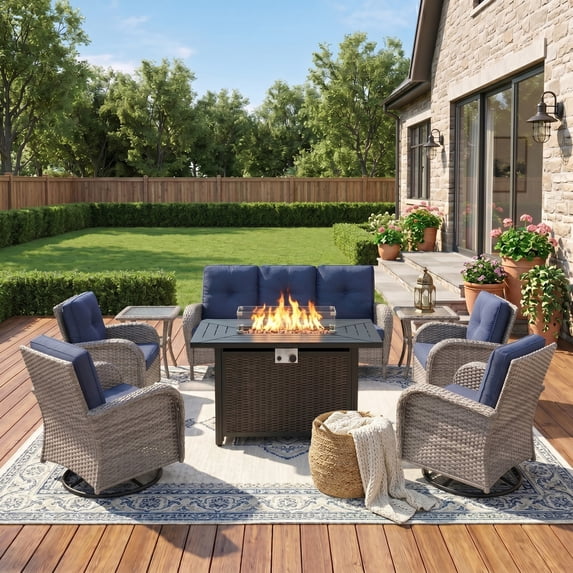 Unnifurnzi Outdoor Furniture With Fire Pit-8 Pieces Wicker Patio Conversation Set Outdoor Rocking Swivel Glider Chair with Patio Couch Patio Furniture for Deck Porch Garden Poolside-Gray/Blue