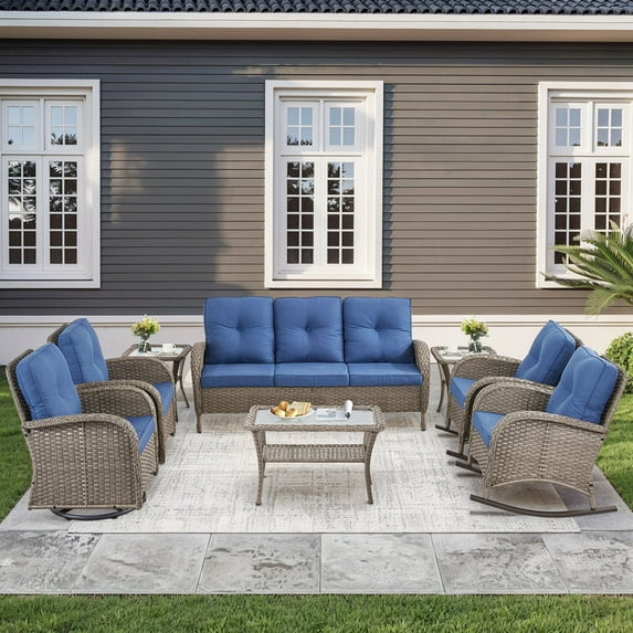 Unnifurnzi Outdoor Furniture With Fire Pit-8 Pieces Wicker Patio Conversation Set Outdoor Rocking Swivel Glider Chair with Patio Couch Patio Furniture for Deck Porch Garden Poolside-Gray/Blue