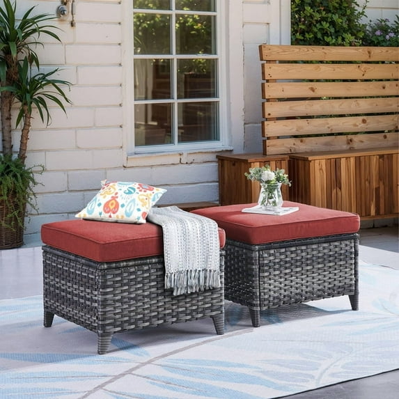 Unnifurnzi Outdoor Ottoman Set of 2-All Weather Wicker Outdoor Footstool with Removable Cushions Outdoor Olefin Fabric Patio Ottoman for Deck Porch Balcony Garden-Gray/Red