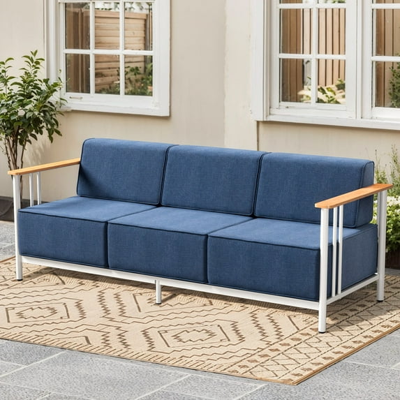 Unnifurnzi Outdoor Patio Couch-High Back 3 Seater Outdoor Couch with 10 Inches Thick Cushions Outdoor Sofa for Deck Porch Poolside Balcony-White/Blue