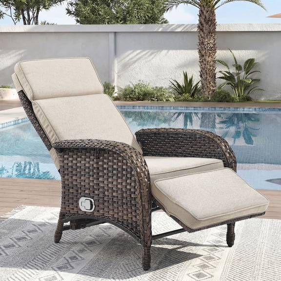 Unnifurnzi Outdoor Recliner Chair-Reclining Patio Chair with Adjustable Back & Footrest 135° Lay Flat Outdoor Recliners for Patio Poolside Backyard-Brown/Beige