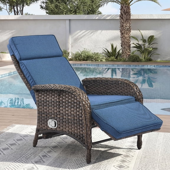 Unnifurnzi Outdoor Recliner Chair-Reclining Patio Chair with Adjustable Back & Footrest 135° Lay Flat Outdoor Recliners for Patio Poolside Backyard-Brown/Blue
