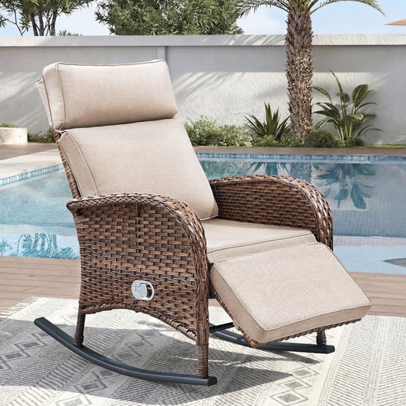 Unnifurnzi Outdoor Rocking Recliner Chair-Reclining Patio Chair with Adjustable Back & Footrest 135° Lay Flat Outdoor Recliners for Patio Poolside Backyard-Brown/Beige