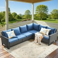 thumbnail image 1 of Unnifurnzi Outdoor Sectional Furniture-3 Pieces High Back Outdoor Sectional Sofa L Shaped Outdoor Wicker Couch for Deck Balcony Garden-Brown/Blue, 1 of 7
