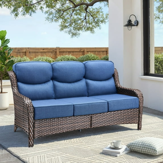 Unnifurnzi Outdoor Sofas All Weather Wicker Outdoor Couch with 6 Inch Thick Cushions Outdoor Furniture Couch for Porch Poolside Balcony-Brown/Blue