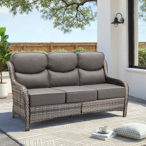 Unnifurnzi Outdoor Sofas All Weather Wicker Outdoor Couch with 6 Inch Thick Cushions Outdoor Furniture Couch for Porch Poolside Balcony-Gray/Gray