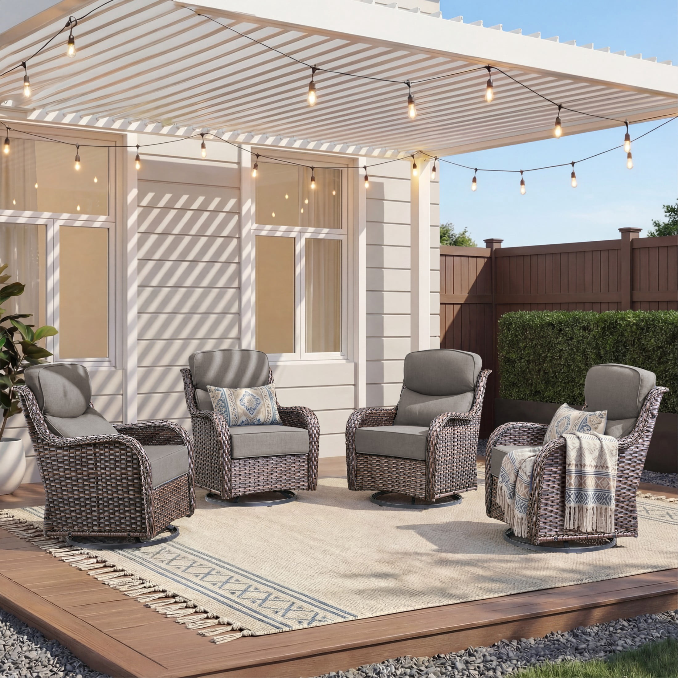 Unnifurnzi Outdoor Swivel Glider Patio Chair-Patio Swivel Chairs Set of 4 with 6 Inch Thick Cushions High Back Patio Chairs for Deck Porch Poolside Balcony-Brown/Gray
