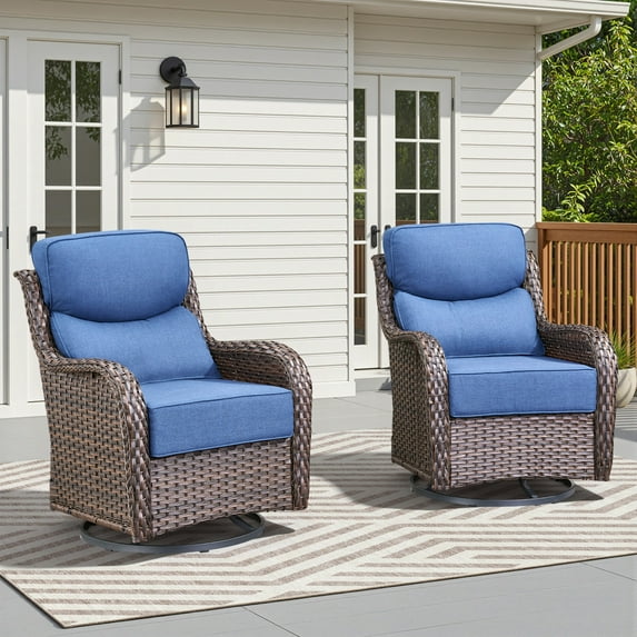 Unnifurnzi Outdoor Swivel Glider Patio Chairs Patio Swivel Chairs Set of 2 with 6 Inch Thick Cushions High Back Patio Chairs for Deck Porch Poolside Balcony-Brown/Blue