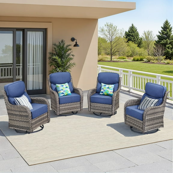 Unnifurnzi Outdoor Swivel Glider Patio Chairs-Patio Swivel Chairs Set of 4 with 6 Inch Thick Cushions High Back Patio Chairs for Deck Porch Poolside Balcony-Gray/Blue