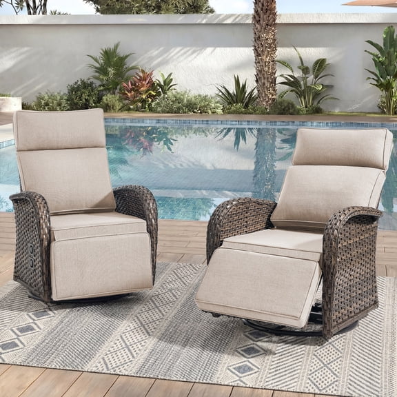 Unnifurnzi Outdoor Swivel Recliner Chair Set of 2-Reclining Patio Chair with Adjustable Back & Footrest 135° Lay Flat Outdoor Recliners for Patio Poolside Backyard-Brown/Beige