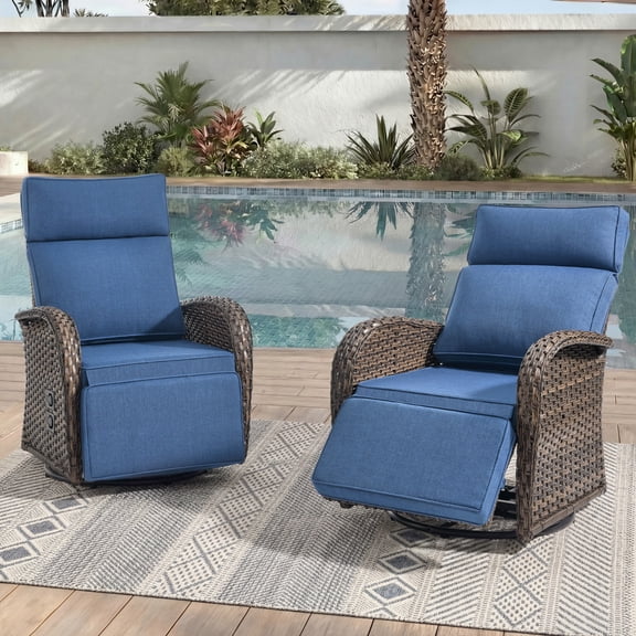 Unnifurnzi Outdoor Swivel Recliner Chair Set of 2-Reclining Patio Chair with Adjustable Back & Footrest 135°Lay Flat Outdoor Recliners for Patio Poolside Backyard-Brown/Blue