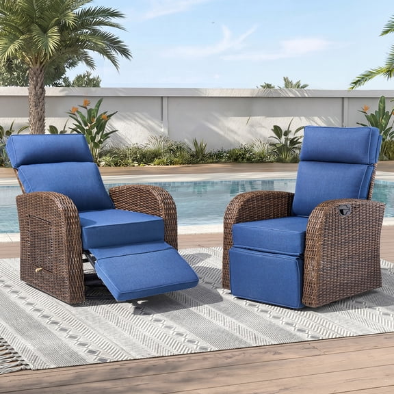 Unnifurnzi Outdoor Swivel Recliner Chair Set of 2-Reclining Patio Chair with Adjustable Back & Footrest Outdoor Recliners Flip-Up Side Table for Patio Poolside Backyard-Brown/Blue