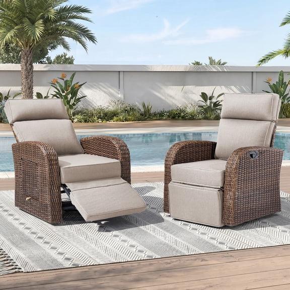 Unnifurnzi Outdoor Swivel Recliner Chair Set of 2-Reclining Patio Chair with Adjustable Back & Footrest Outdoor Recliners Flip-Up Side Table for Patio Poolside Backyard-Brown/Beige