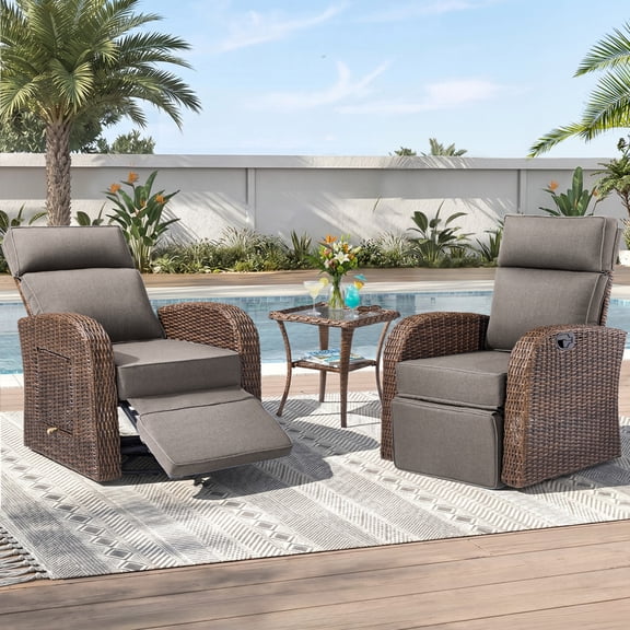Unnifurnzi Outdoor Swivel Recliner Chair Set of 2 with Side Table-Reclining Patio Chair with Adjustable Back & Footrest Outdoor Recliners Flip-Up Side Table for Patio Poolside Backyard-Brown/Gray