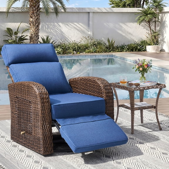 Unnifurnzi Outdoor Swivel Recliner Chair with Side Table-Reclining Patio Chair with Adjustable Back & Footrest Outdoor Recliners Flip-Up Side Table for Patio Poolside Backyard-Brown/Blue