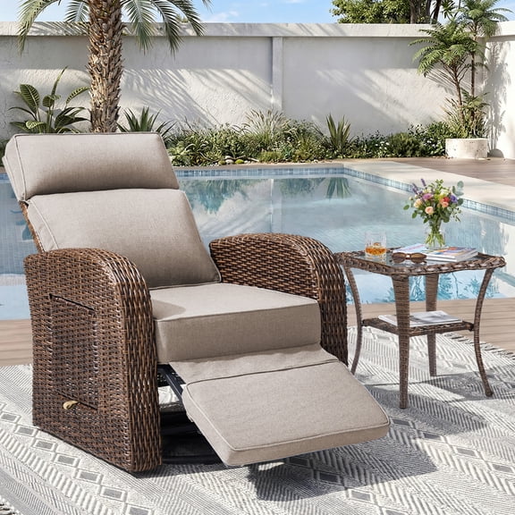 Unnifurnzi Outdoor Swivel Recliner Chair with Side Table-Reclining Patio Chair with Adjustable Back & Footrest Outdoor Recliners Flip-Up Side Table for Patio Poolside Backyard-Brown/Beige