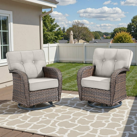 Unnifurnzi Outdoor Swivel Rocker Chairs Set of 2-Swivel Patio Chairs with 5" Thick Cushions Patio Chairs for Deck Porch Poolside Balcony-Brown/Beige