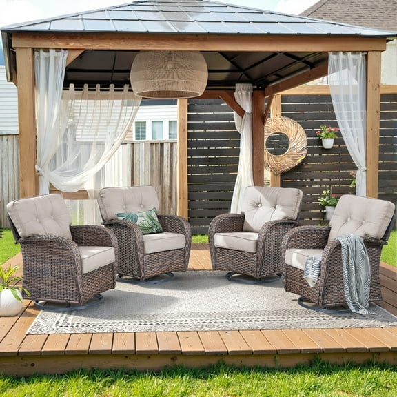 Unnifurnzi Outdoor Swivel Rocker Glider Chairs-High Back Outdoor Swivel Chairs Set of 4 Patio Furniture for Deck Porch Poolside Balcony-Brown/Beige