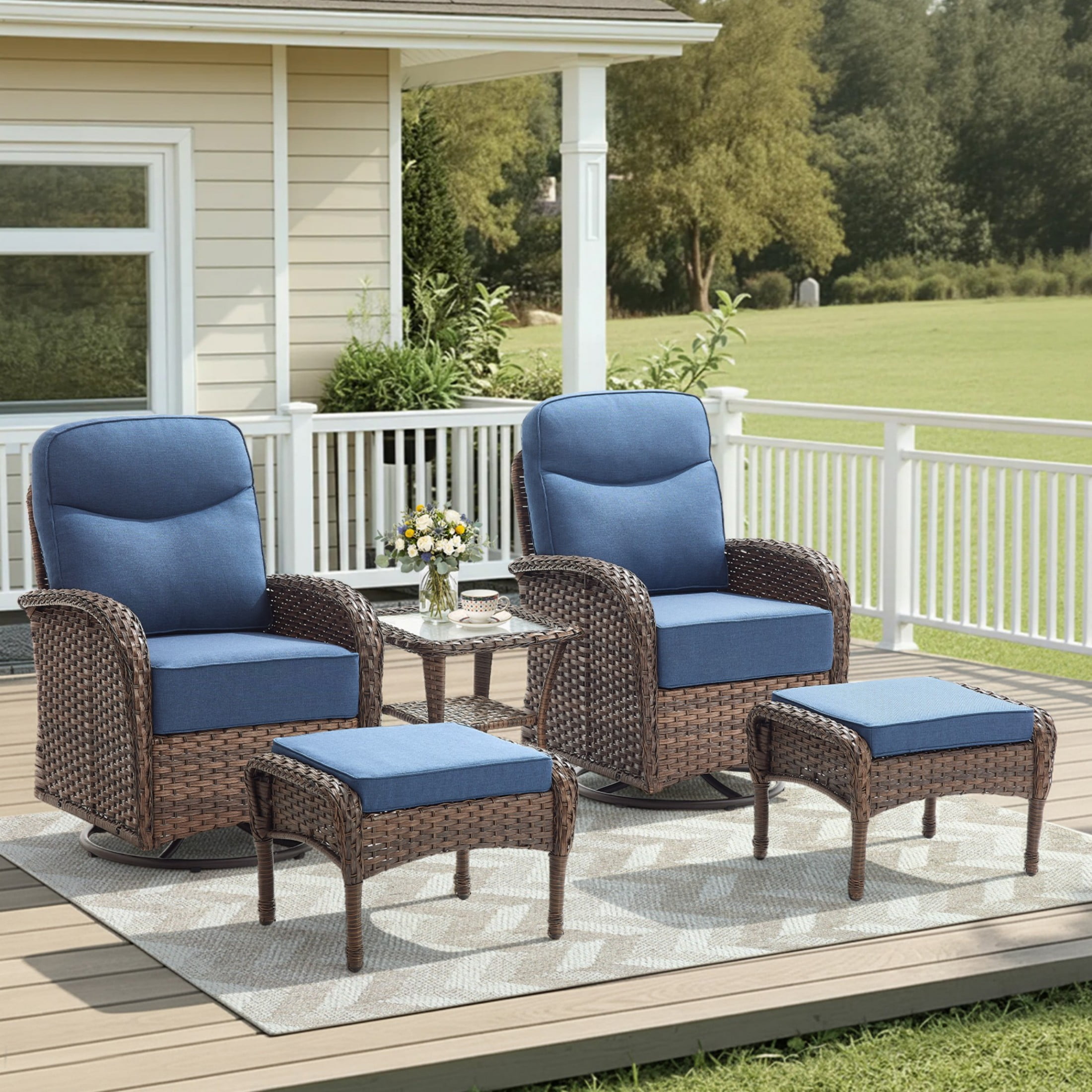 Unnifurnzi Outdoor Swivel Rocker Patio Chairs-6'' Thick Cushions Outdoor Rocking Chairs with Outdoor Ottoman Small Patio Furniture Set for Deck Porch Garden Balcony Poolside-Brown/Blue