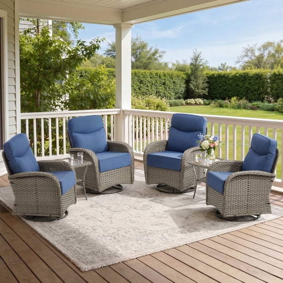 Unnifurnzi Outdoor Swivel Rocker Patio Chairs-6'' Thick Cushions Outdoor Rocking Chairs Set of 4 with Patio Side Table Patio Table and Chairs for Deck Porch Garden Balcony Poolside-Gray/Blue