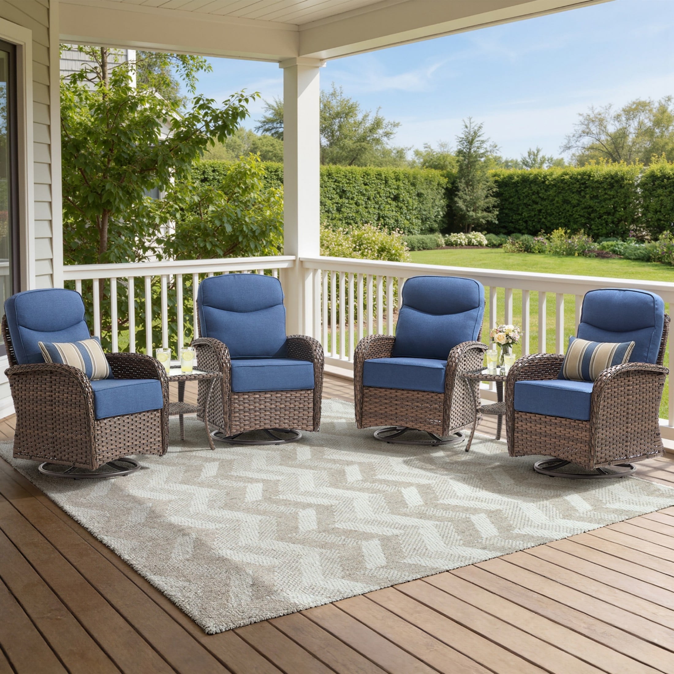 Unnifurnzi Outdoor Swivel Rocker Patio Chairs-6'' Thick Cushions Outdoor Rocking Chairs Set of 4 with Patio Side Table Patio Table and Chairs for Deck Porch Garden Balcony Poolside-Brown/Blue