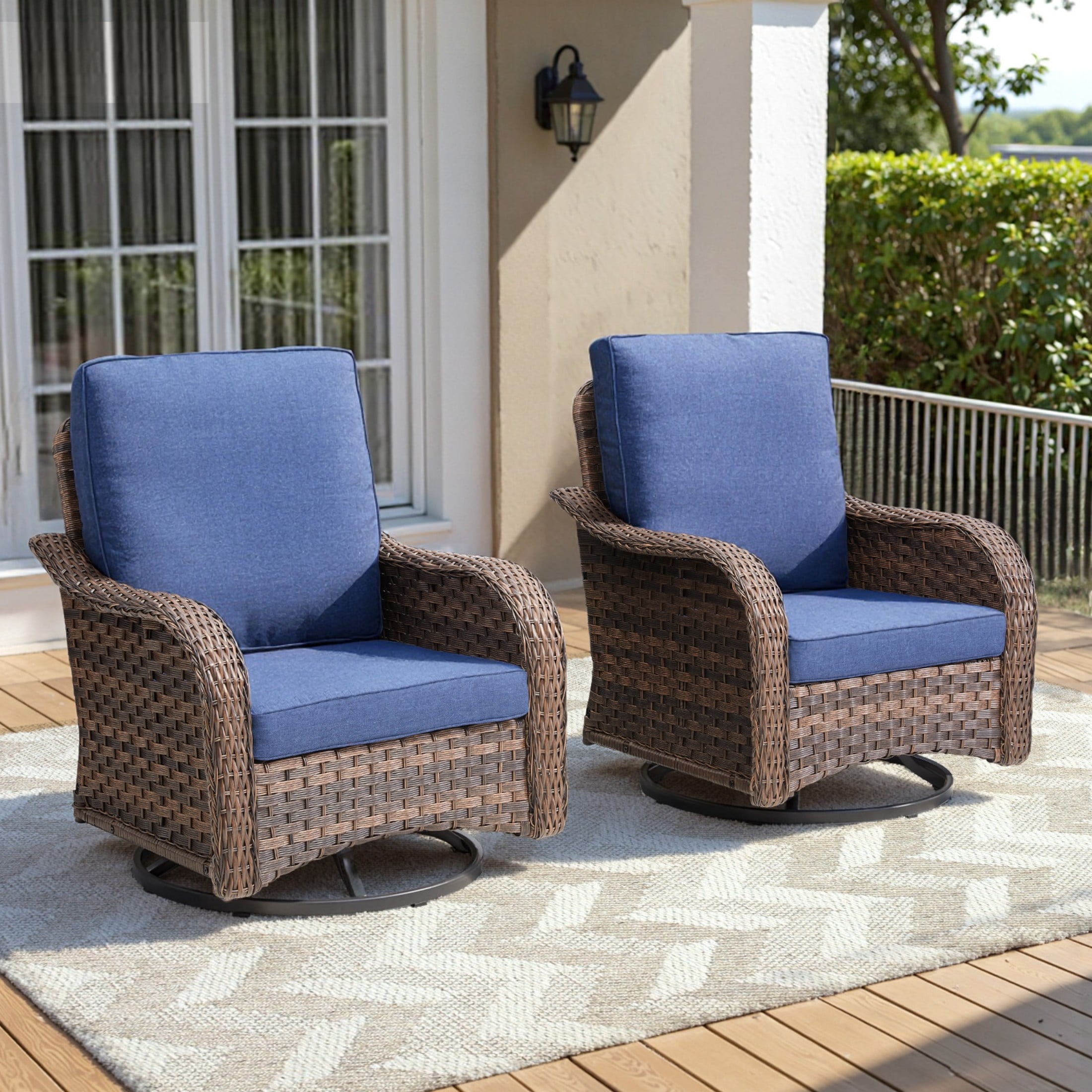 Unnifurnzi Outdoor Swivel Rocker Patio Chairs-High Back Outdoor Rocking Chairs Set of 2 All Weather Wicker Patio Chairs for Porch Balcony Deck-Brown/Blue