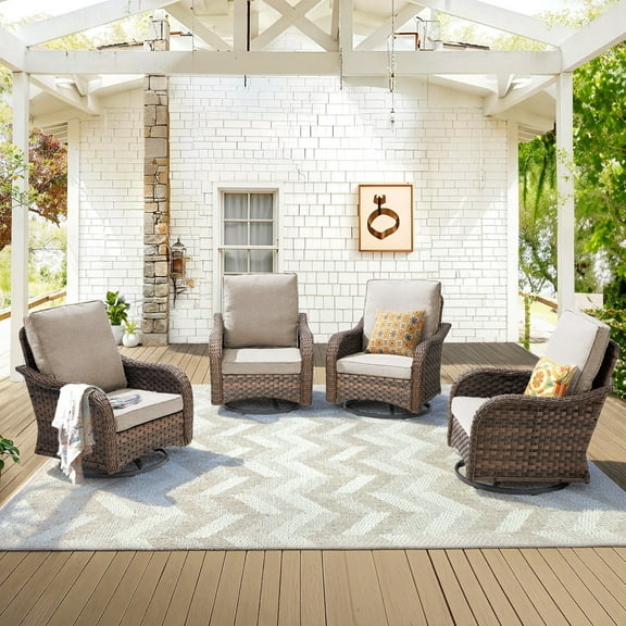 Unnifurnzi Outdoor Swivel Rocker Patio Chairs-High Back Outdoor Rocking Chairs Set of 4 All Weather Wicker Patio Chairs for Porch Balcony Deck-Brown/Beige