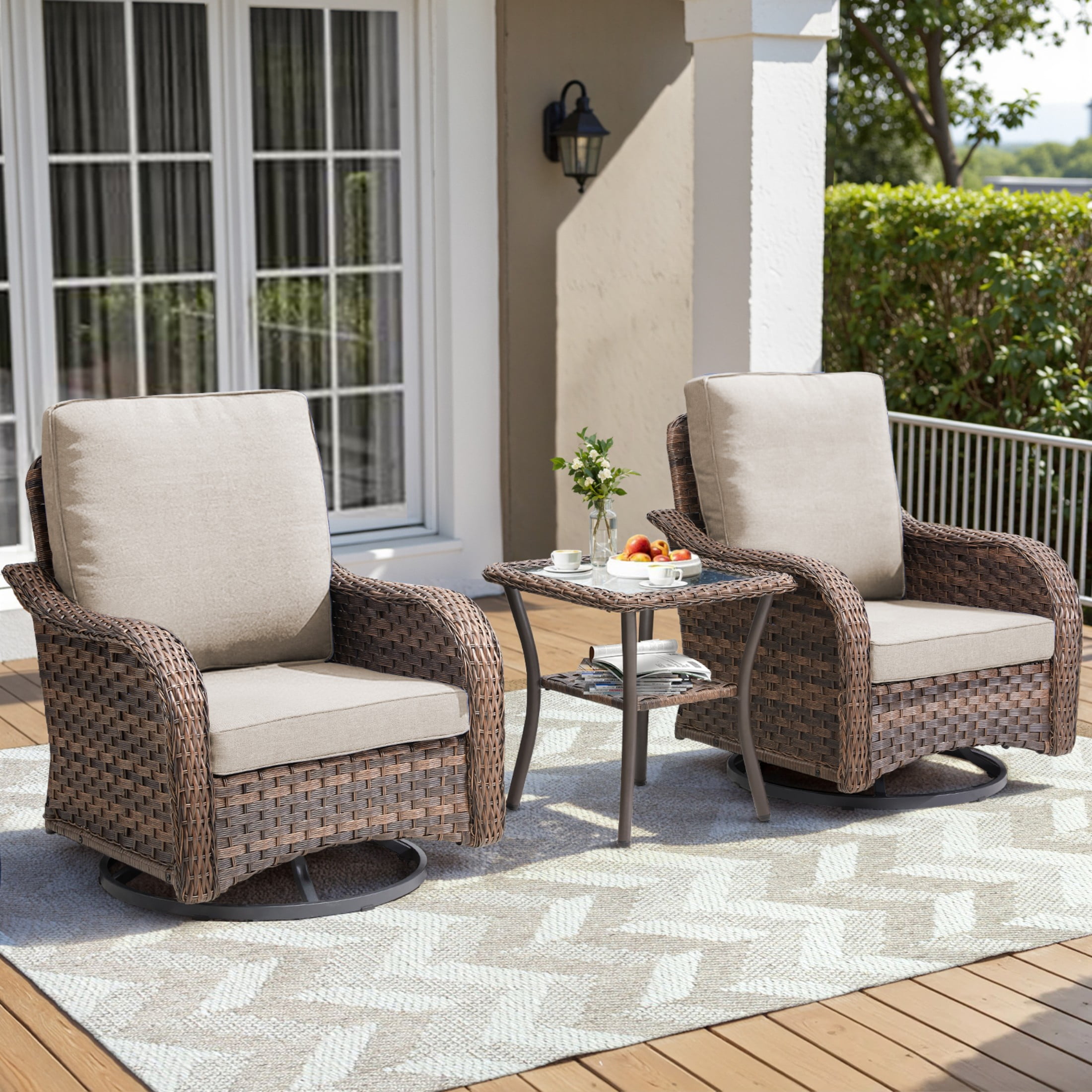 Unnifurnzi Outdoor Swivel Rocker Patio Chairs-High Back Outdoor Rocking Chairs with Side Table All Weather Wicker Outdoor Table and Chairs for 2 for Porch Balcony Deck-Brown/Beige