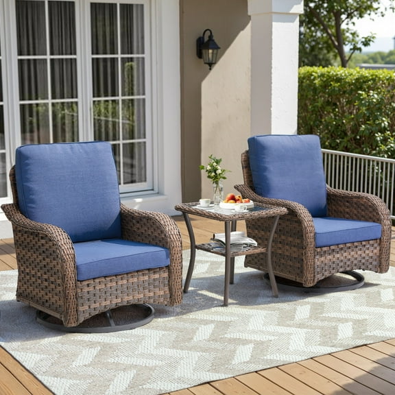 Unnifurnzi Outdoor Swivel Rocker Patio Chairs-High Back Outdoor Rocking Chairs with Side Table All Weather Wicker Outdoor Table and Chairs for 2 for Porch Balcony Deck-Brown/Blue