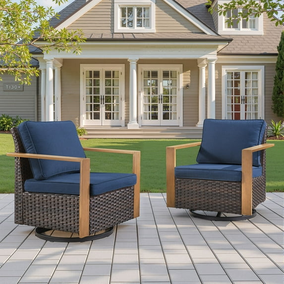 Unnifurnzi Outdoor Swivel Rocker Patio Chairs Set of 2-All Weather Wicker Swivel Patio Chairs Outdoor Chairs for Deck Porch Poolside Balcony-Brown/Blue