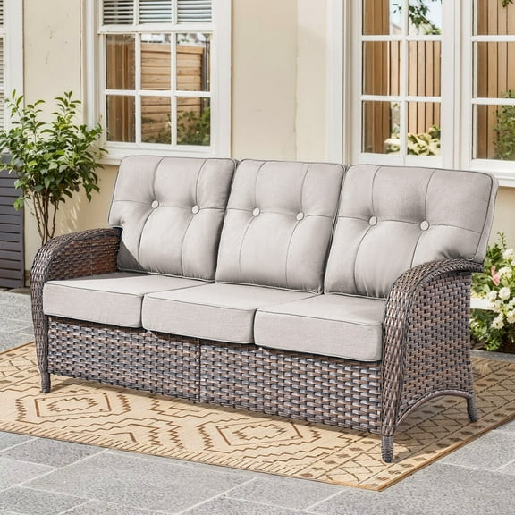 Unnifurnzi Outdoor Wicker Couch-3 Seater High Back Outdoor Sofa Outdoor Patio Couch for Deck Porch Garden Balcony Poolside-Brown/Beige