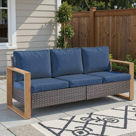 Unnifurnzi Outdoor Wicker Couch-3 Seater High Back Patio Couch Patio Sofa for Deck Porch Garden Balcony Poolside-Brown/Blue