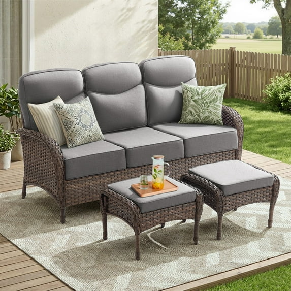 Unnifurnzi Outdoor Wicker Couch-All Weather Rattan 3 Seater Patio Couch with Outdoor Ottoman 6'' Thick Cushions Outdoor Sofa for Deck Lawn Porch Balcony Poolside-Brown/Gray