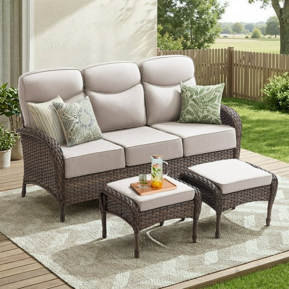 Unnifurnzi Outdoor Wicker Couch-All Weather Rattan 3 Seater Patio Couch with Outdoor Ottoman 6'' Thick Cushions Outdoor Sofa for Deck Lawn Porch Balcony Poolside-Brown/Beige