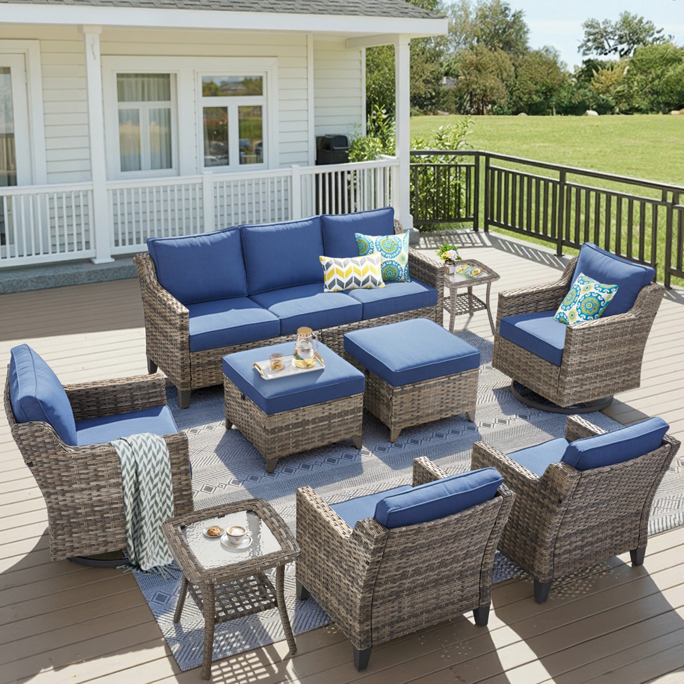 Unnifurnzi Patio Furniture-9 Pieces All Weather Wicker Outdoor Furniture Outdoor Swivel Glider Chairs with Patio Chairs Outdoor Couch Outdoor Patio Furniture for Porch Balcony Deck-Gray/Blue