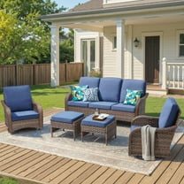 Unnifurnzi Patio Furniture Set-5 Pieces All Weather Wicker Outdoor Furniture Outdoor Swivel Chairs Set of 2 with Outdoor Couch Outdoor Patio Furniture Set for Porch Balcony Deck-Brown/Blue