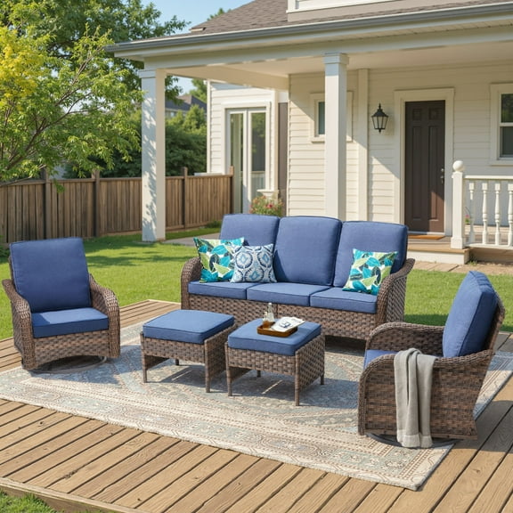 Unnifurnzi Patio Furniture Set-5 Pieces All Weather Wicker Outdoor Furniture Outdoor Swivel Chairs Set of 2 with Outdoor Couch Outdoor Patio Furniture Set for Porch Balcony Deck-Brown/Blue