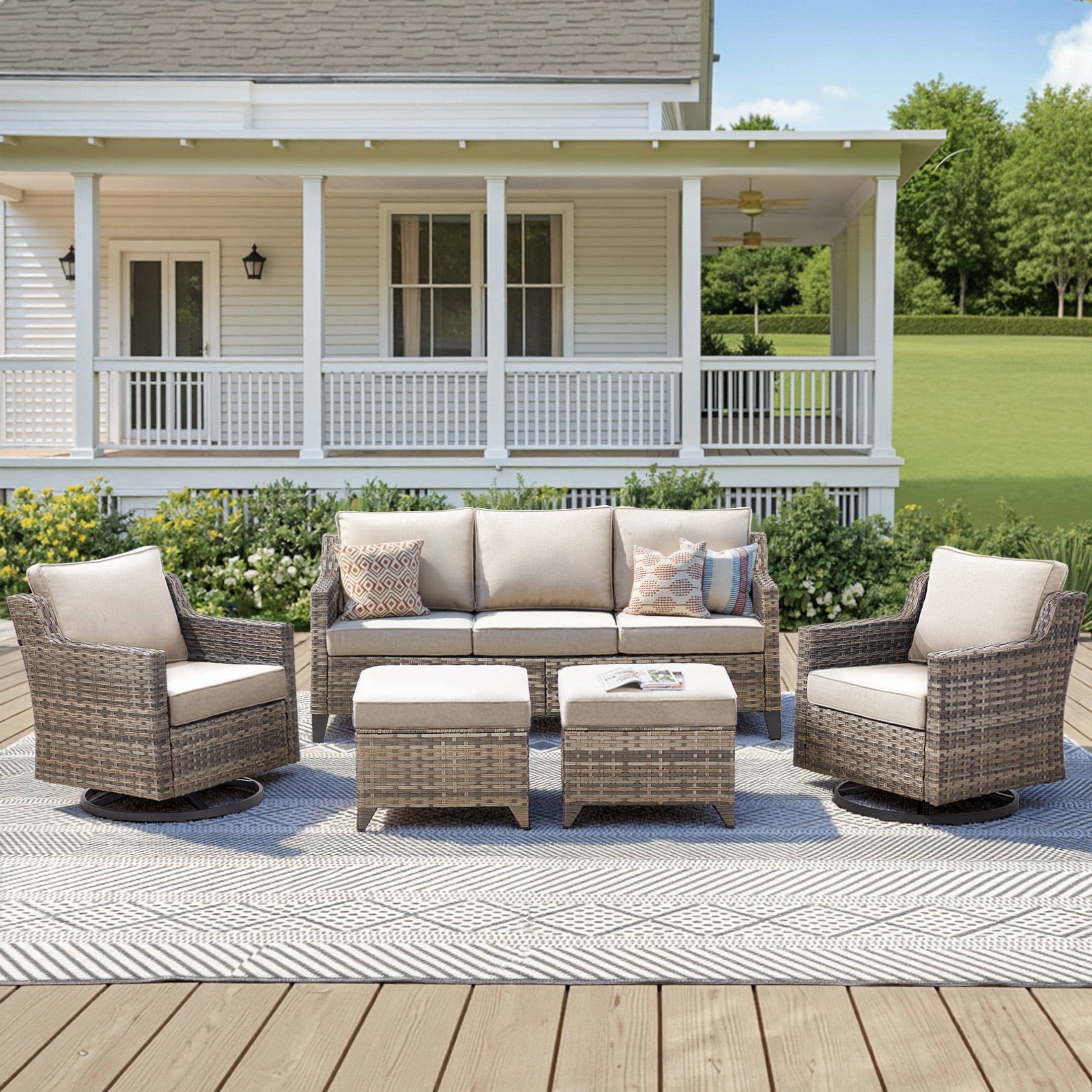 Unnifurnzi Patio Furniture Set-5 Pieces All Weather Wicker Outdoor Furniture Outdoor Swivel Rocking Chairs with Patio Couch Outdoor Patio Furniture Set for Porch Balcony Deck-Gray/Beige