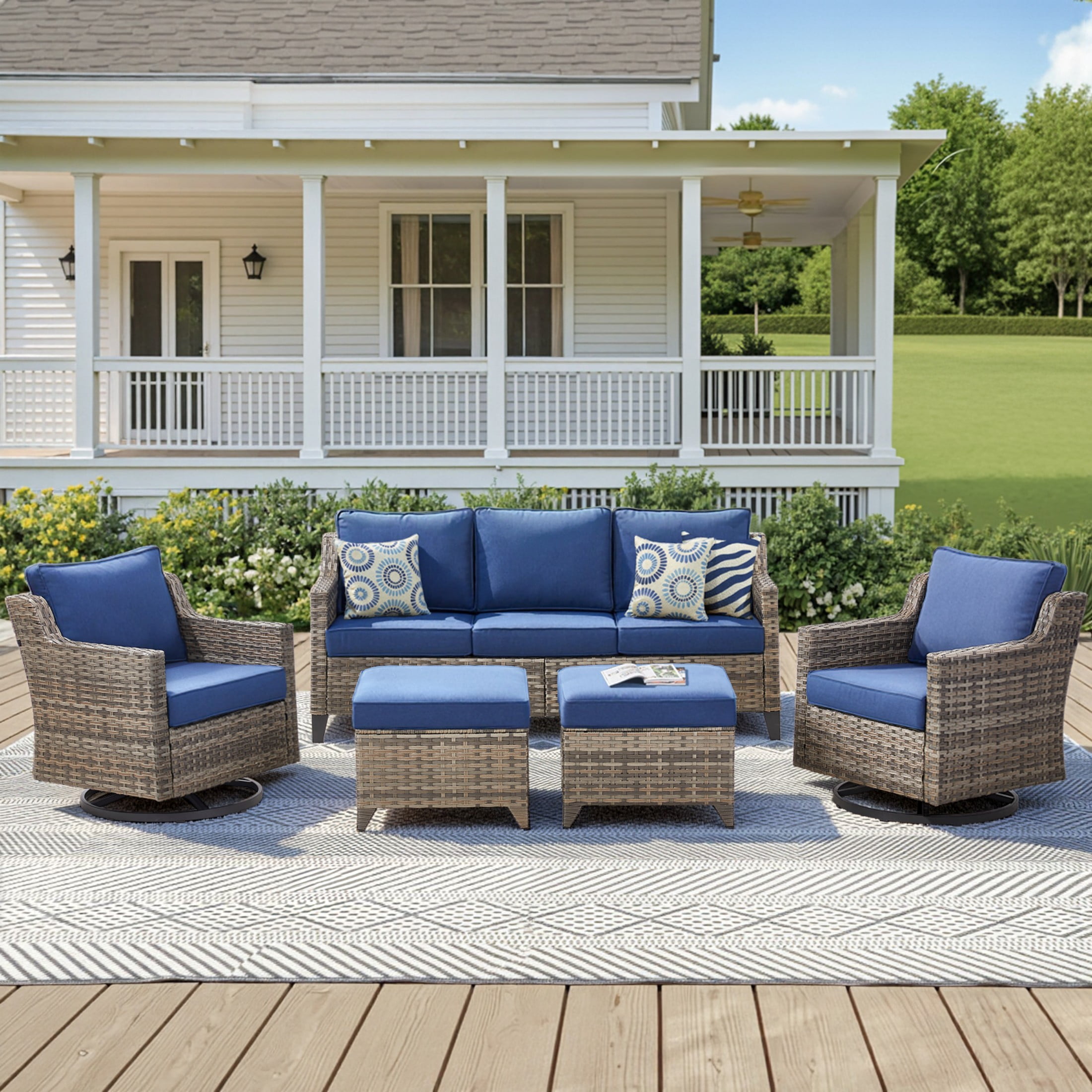 Unnifurnzi Patio Furniture Set-5 Pieces All Weather Wicker Outdoor Furniture Outdoor Swivel Rocking Chairs with Patio Couch Outdoor Patio Furniture Set for Porch Balcony Deck-Gray/Blue