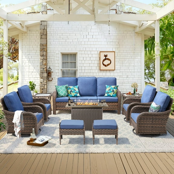 Unnifurnzi Patio Furniture Set with Fire Pit Table-10 Pieces All Weather Wicker Patio Furniture Outdoor Swivel Chairs with Outdoor Couch Outdoor Furniture for Porch Balcony Deck-Brown/Blue