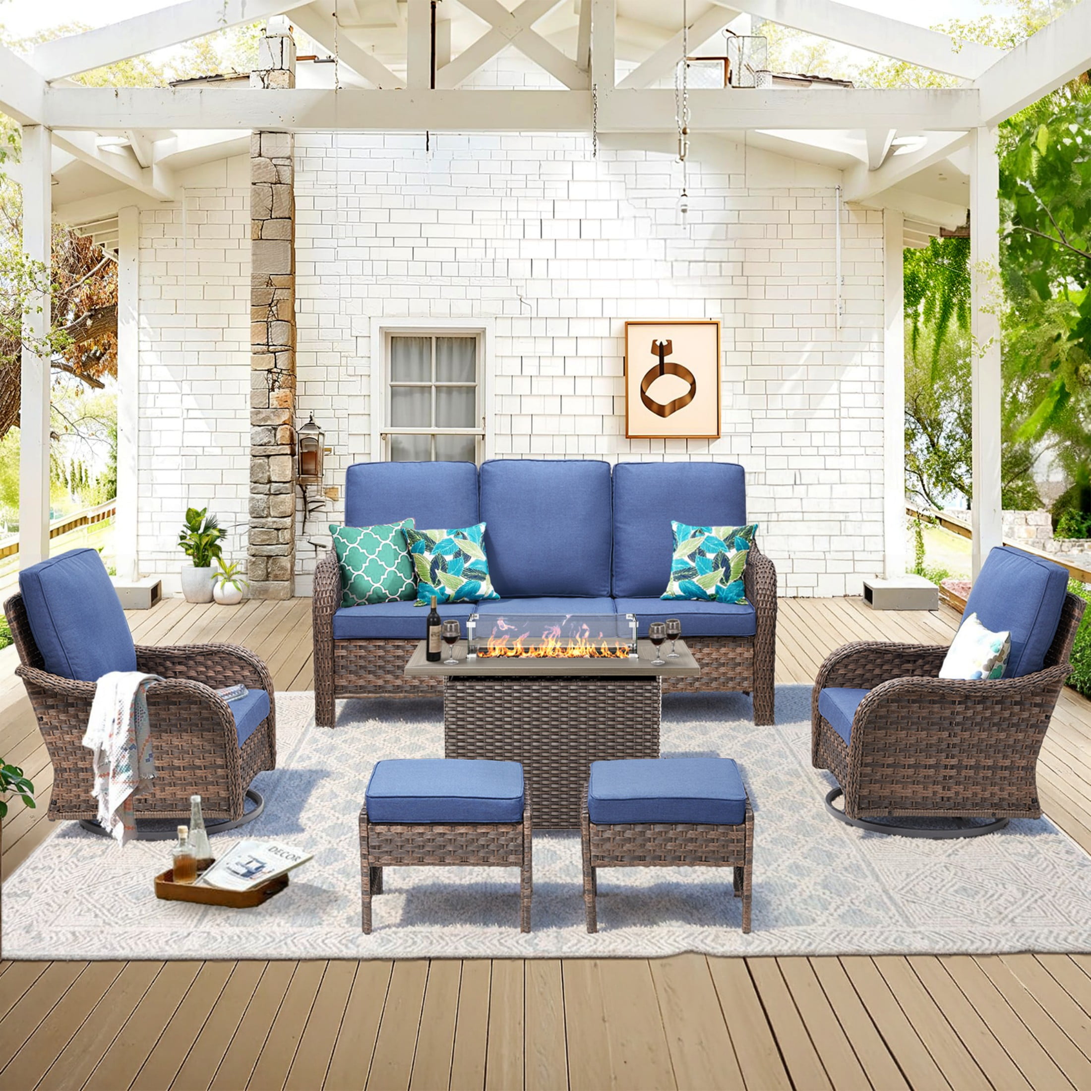 Unnifurnzi Patio Furniture Set with Fire Pit Table-6 Pieces All Weather Wicker Patio Furniture Outdoor Swivel Chairs with Outdoor Couch Outdoor Furniture for Porch Balcony Deck-Brown/Blue